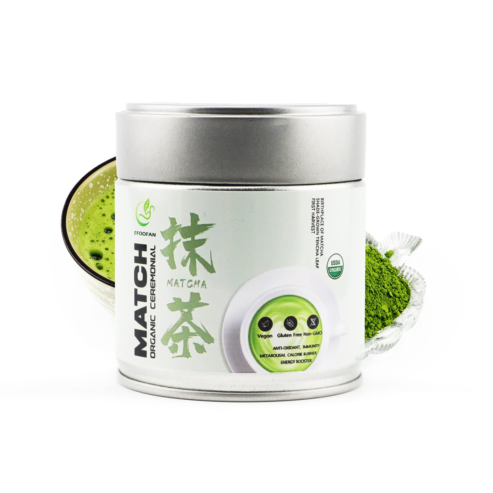 EFOOFAN USDA & COR Certified Organic Ceremonial Grade Matcha Powder – First Harvest Shade-Grown Tencha from Hangzhou, Vibrant Jade Green & Smooth Umami, No Sugar, Ideal for Traditional Tea or Latte (45g Tin)