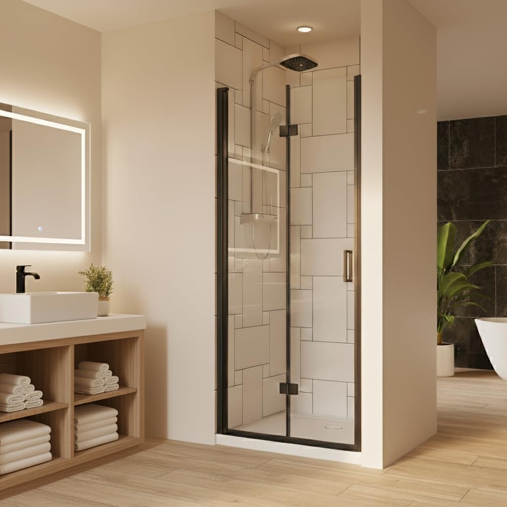 28” x 72” Pivot Shower Door, 1/4 inch Tempered Glass Panel Pivot Swing Shower Door in Matte Black Finish, Semi-Frameless Design