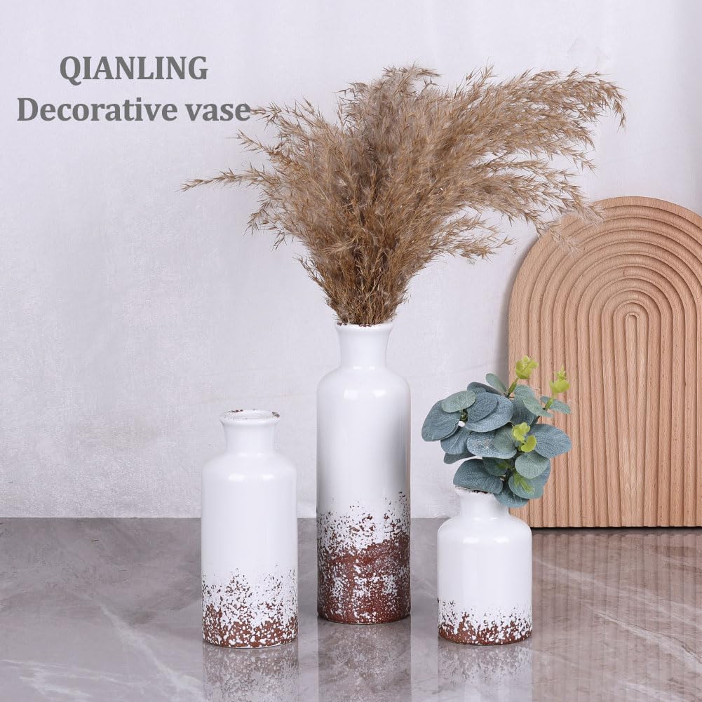 Ceramic Vase Set - 3 Ceramic Small Vases, Farmhouse Country Flower Vase Home Decor, Living Room Decoration, Table Decoration, Fireplace Decor, and Entrance Decorations Centerpieces