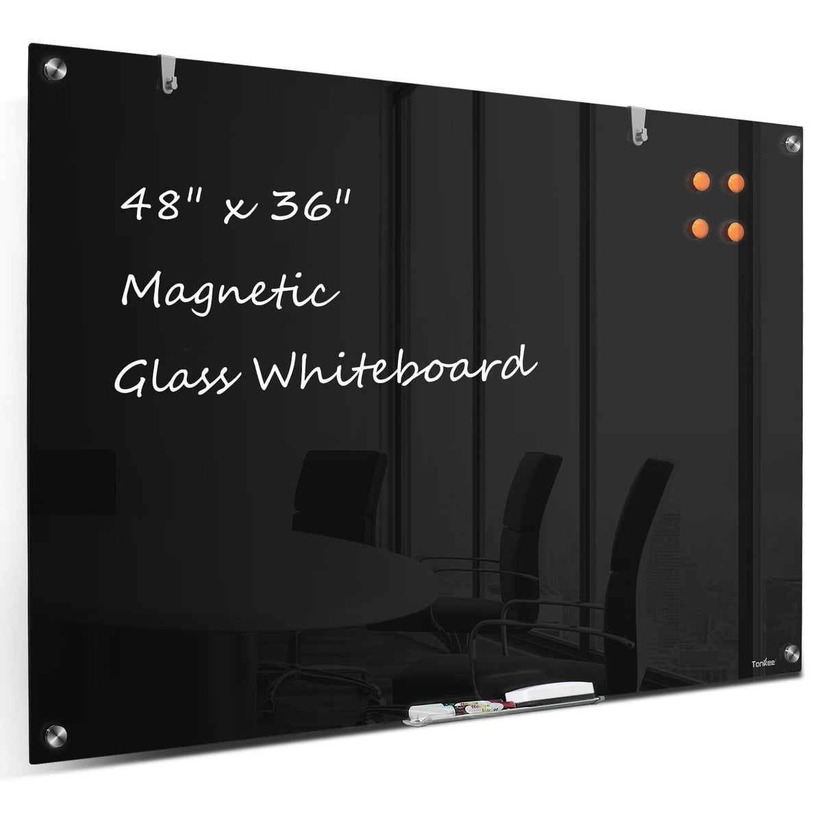 Dry Erase Board Black Magnetic Glass Whiteboard, TANKEE Modern Large Frameless Tempered Glass White Board for Wall, Office, School, Home, 36” x 24”, 3' x 2' White Board