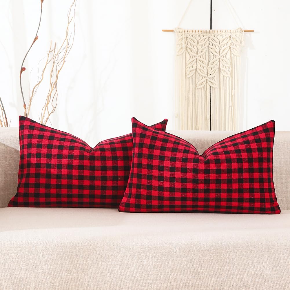 CARRIE HOME Black and White Buffalo Plaid Outdoor Pillow Covers 16x16 Set of 2, 16 x 16 Modern Farmhouse Decor Couch Pillows, Black White Winter Christmas Holiday Plaid Pillows (No Pillow Inserts)