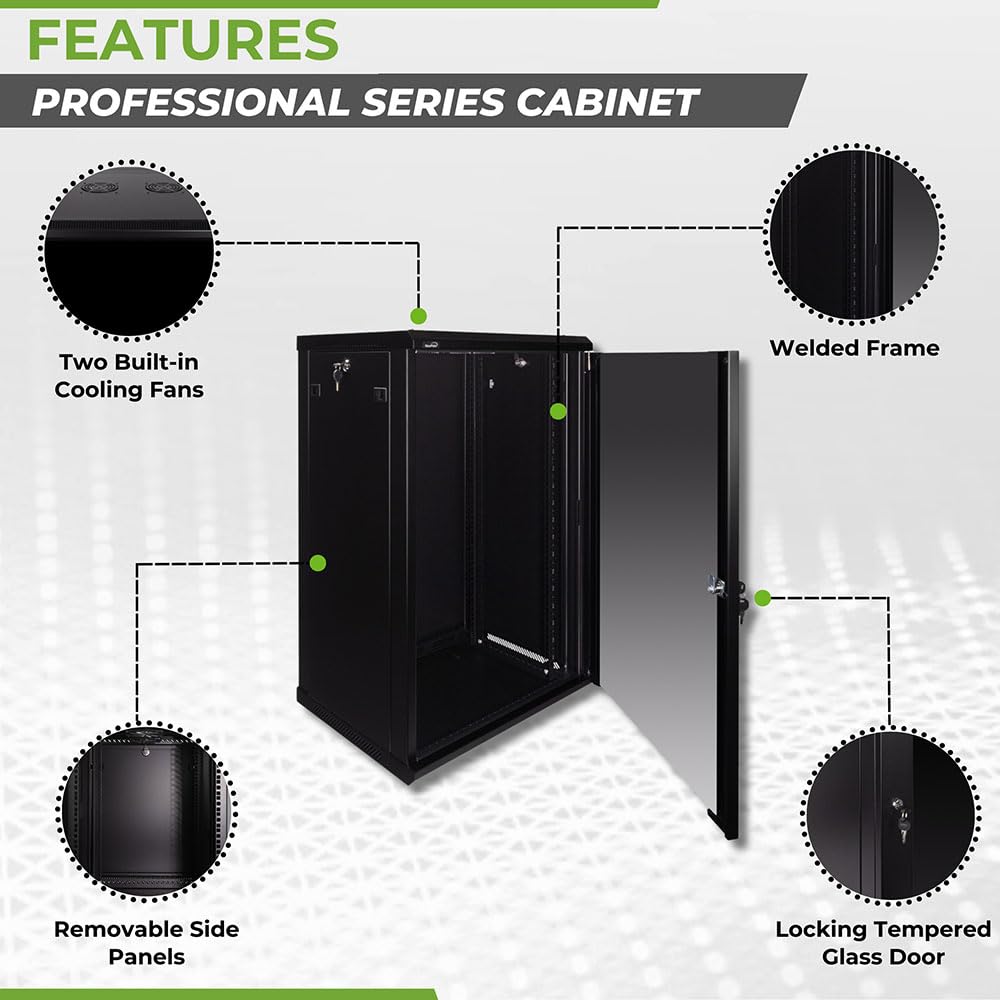 NavePoint 12U Server Rack Enclosure - 23.6” Deep, Wall Mount Network Cabinet with Locking Glass Door for 19” IT Equipment, Network Rack with 2 Fans, Removable Side Panels, Black