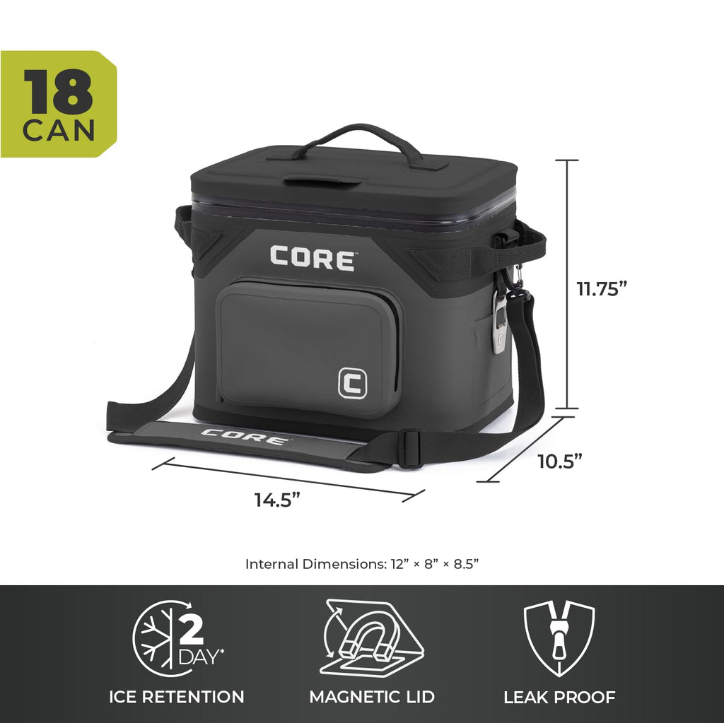 CORE Magnetic Leak Proof Soft Cooler with Waterproof Zipper | Insulated Bag Portable Ice Chest Box | Best Soft Cooler for Food & Beverages for Tailgating, Car Camping, Travel, and Family Beach Picnics