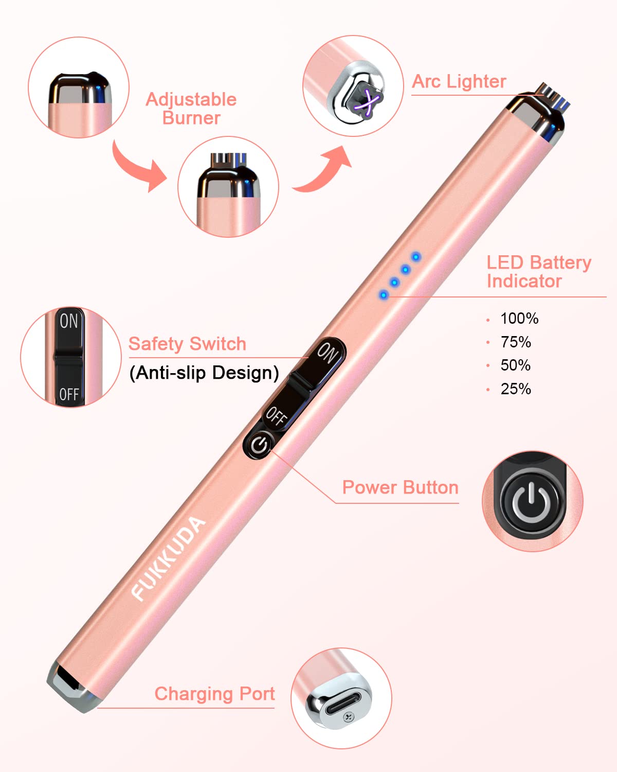 FUKKUDA Electric Candle Lighter with Safety Switch - USB Rechargeable Windproof & Flameless Plasma Arc Lighter for Easter Basket Stuffers (Rose Gold)
