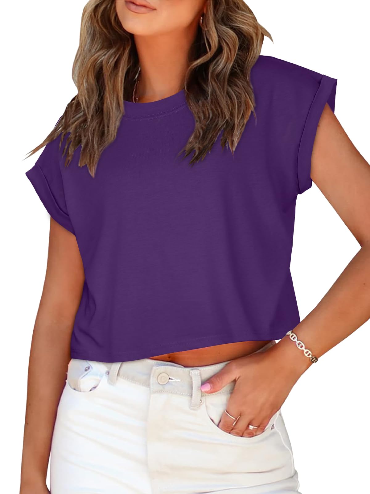 Summer Short Sleeve Crop Tops Womens Crewneck Roll Cap Sleeve T Shirts Loose Fit Basic Tees 2026