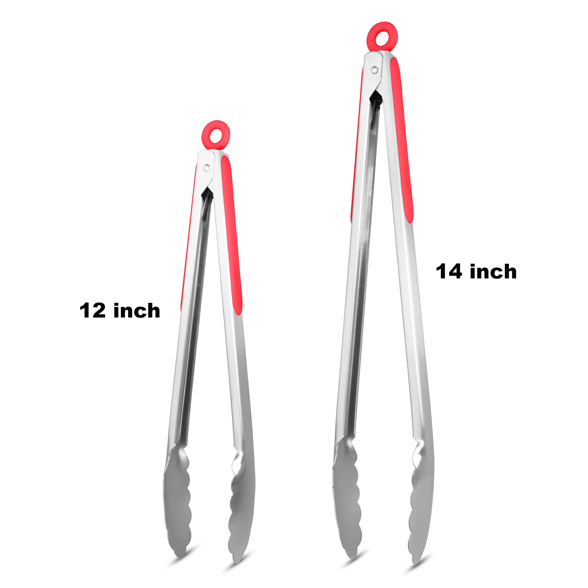 304 Stainless Steel Kitchen Cooking Tongs, 9" and 12" Set of 2 Sturdy Grilling Barbeque Brushed Locking Food Tongs with Ergonomic Grip, Black