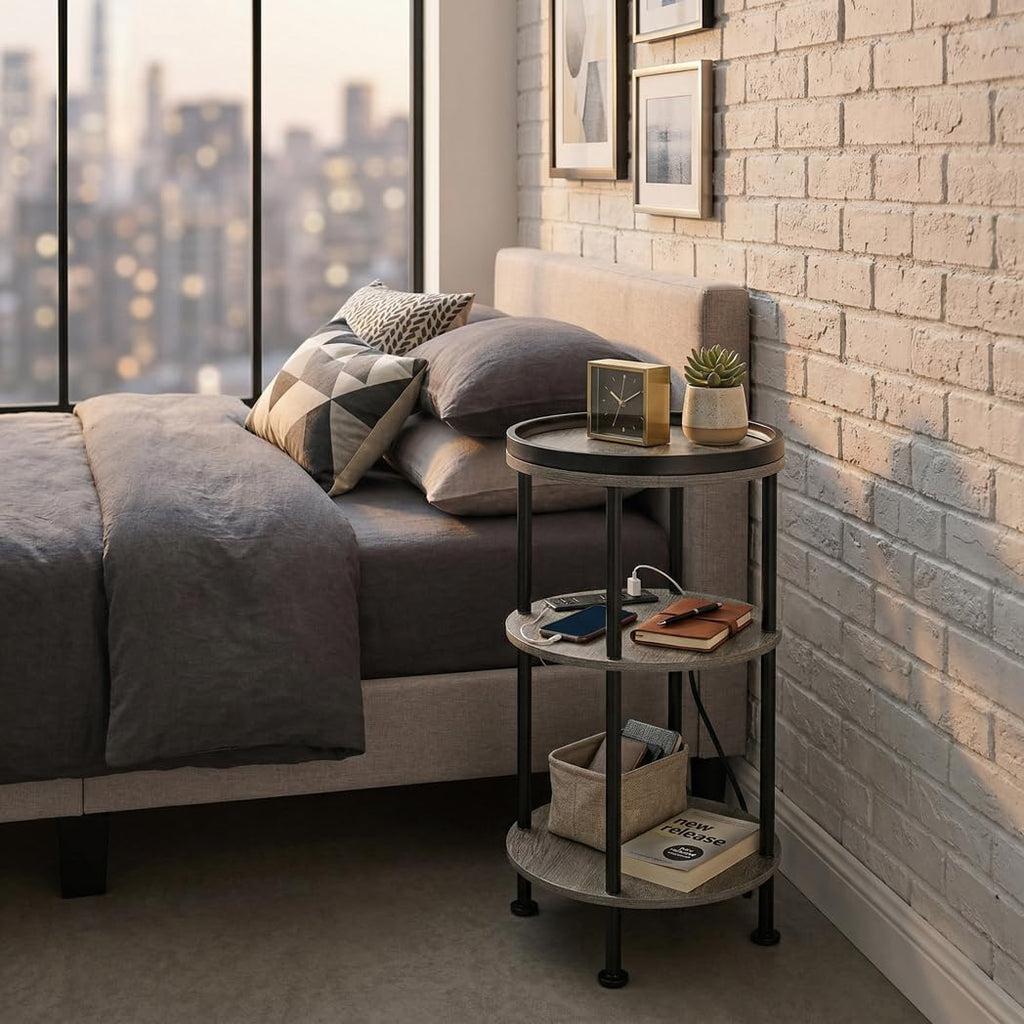 Small Round Side Table with Charging Station for Small Spaces, 3-Tier Accent Table with USB Ports & Power Outlets, Sofa Corner Tea Table for Living Room Nightstand Bedroom Apartment (Black)