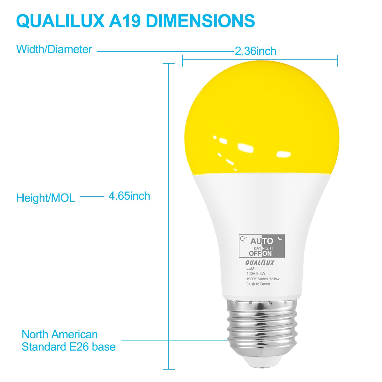 Qualilux Dusk to Dawn A19 LED Light Bulbs 850LM, 60W Equivalent, Daylight, Energy-Efficient 9.5W, A19, E26 Base, 2-Pack, HQ-H011