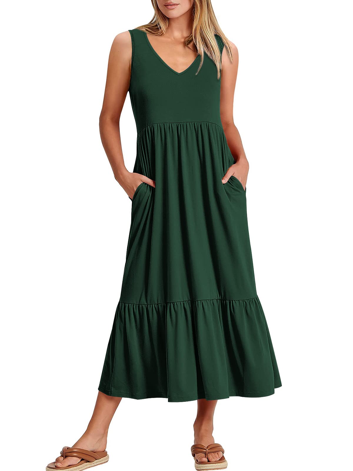 ANRABESS Women Summer Maxi Dresses A-line Tiered Flowy V Neck Sleeveless Swing 2026 Casual Beach Travel Sundress with Pockets