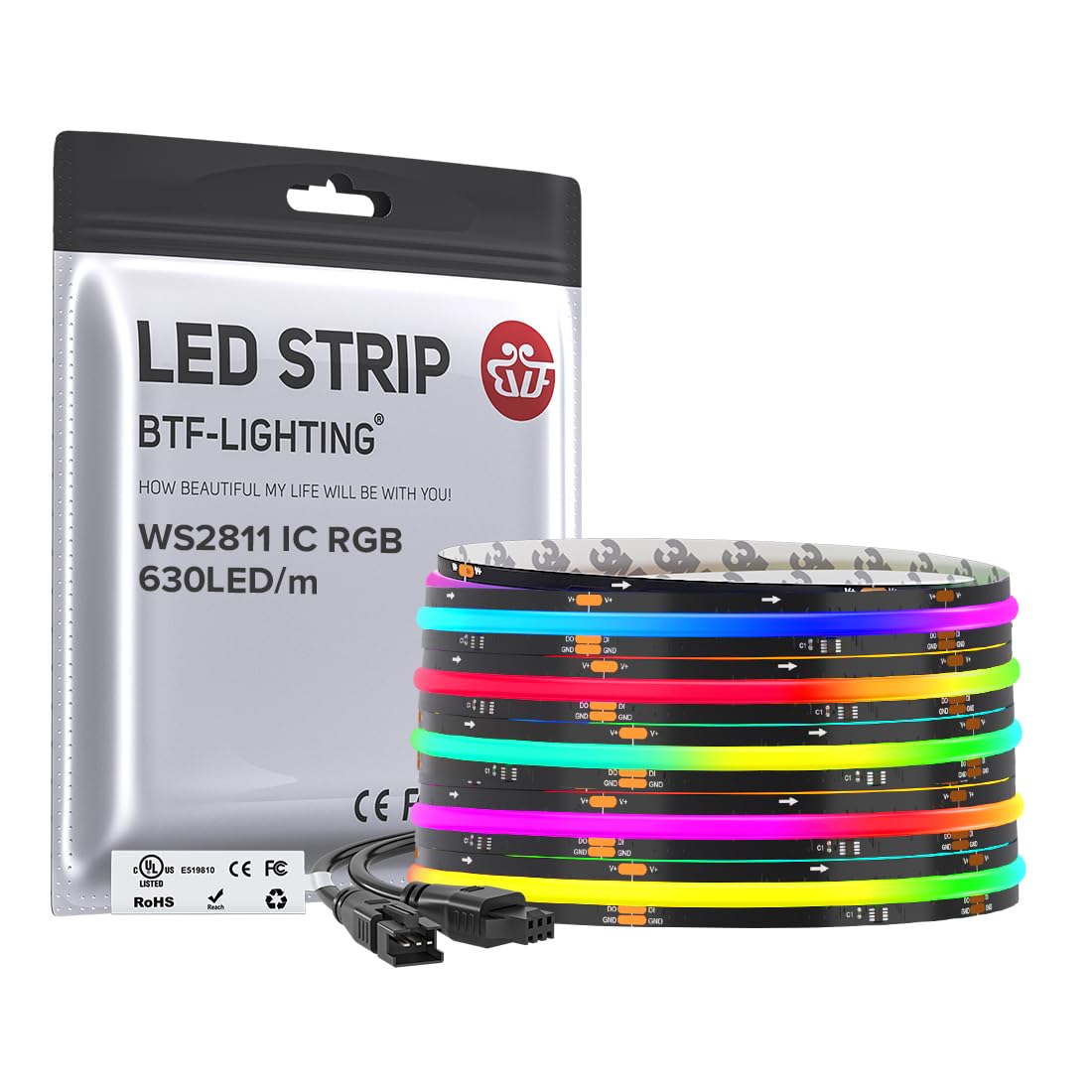 BTF-LIGHTING WS2811 Smart IC RGB FCOB COB LED Strip, UL Listed 630LEDs/m High Density Color Chasing Uniform Light, DC12V 12FT 10mm Width Tape Light for Home Party DIY Decor(No Adapter or Controller)