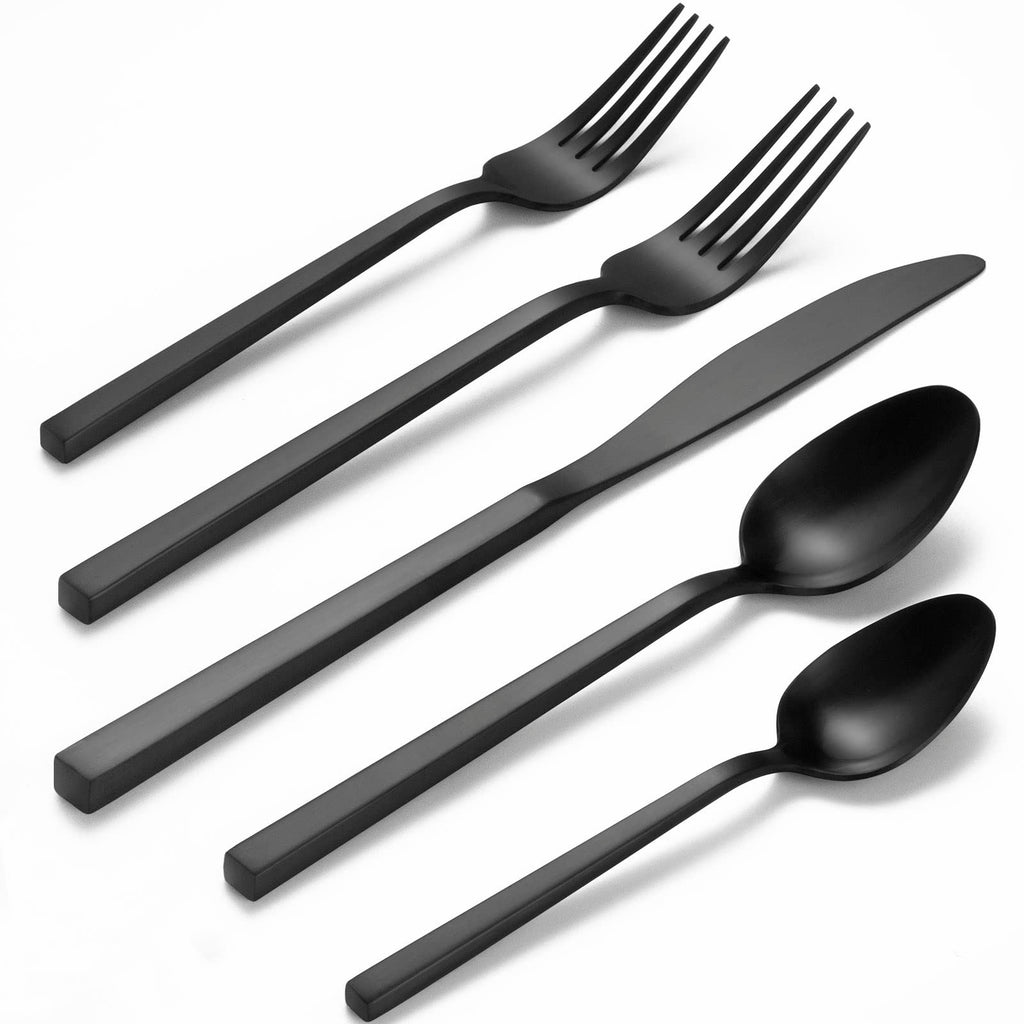 Alata Cube Black 20-Piece Forged Silverware Set Stainless Steel Flatware Set,Service for 4,Matte Satin Polished Cutlery Set,Dishwasher Safe