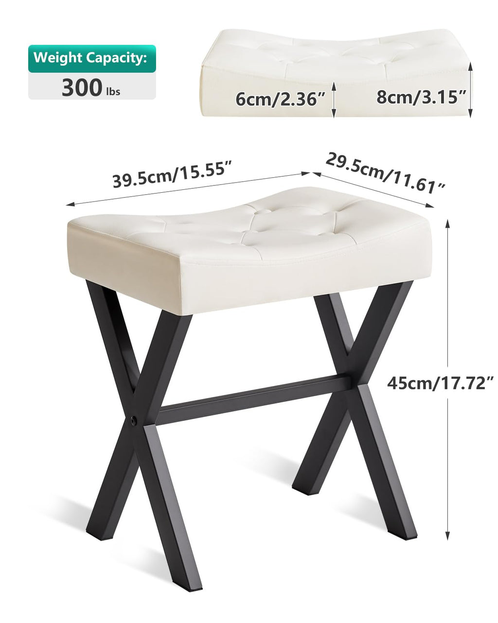 IBUYKE U-Shaped PU Vanity Stool, Square Makeup Chair with X-Leg, Ottoman Seat Footrest Stool, Multi-Use as Small Side Table, for Bedroom, Living Room, Black WBD019B