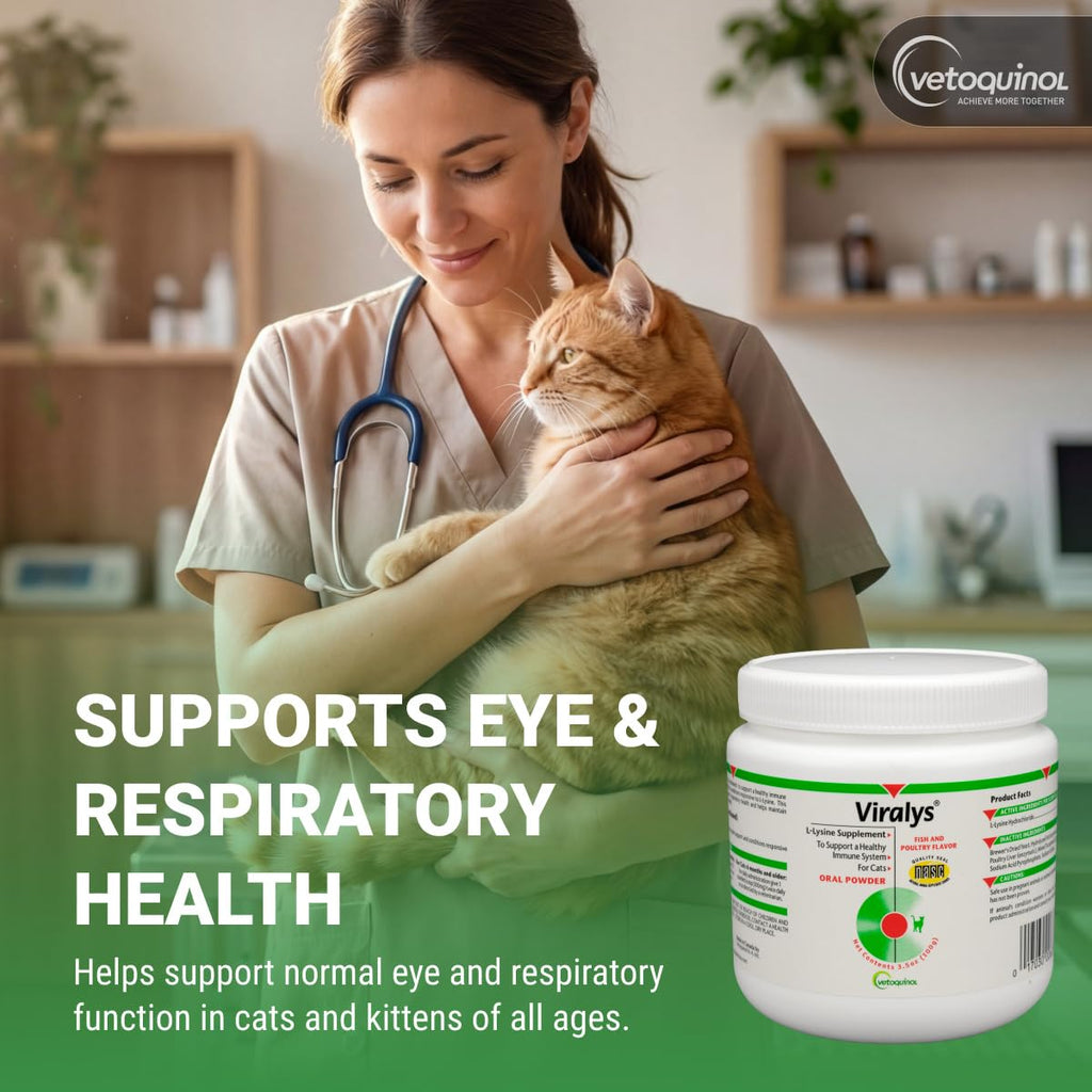Vetoquinol Viralys - Lysine Supplement for Cats & Kittens - Supports Eye Wellness, Respiratory Health & Immune Strength - Flavored Oral Powder for Easy Feeding & Daily Use - 100 Grams