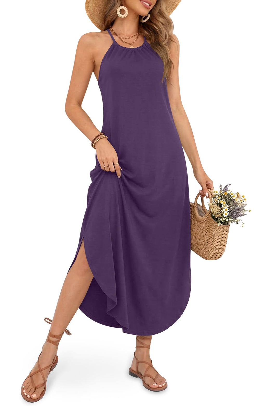 For G and PL Women's Summer Casual Halter Side Slit Maxi Beach Dress Resort Vacation Cruise Wear Sundress