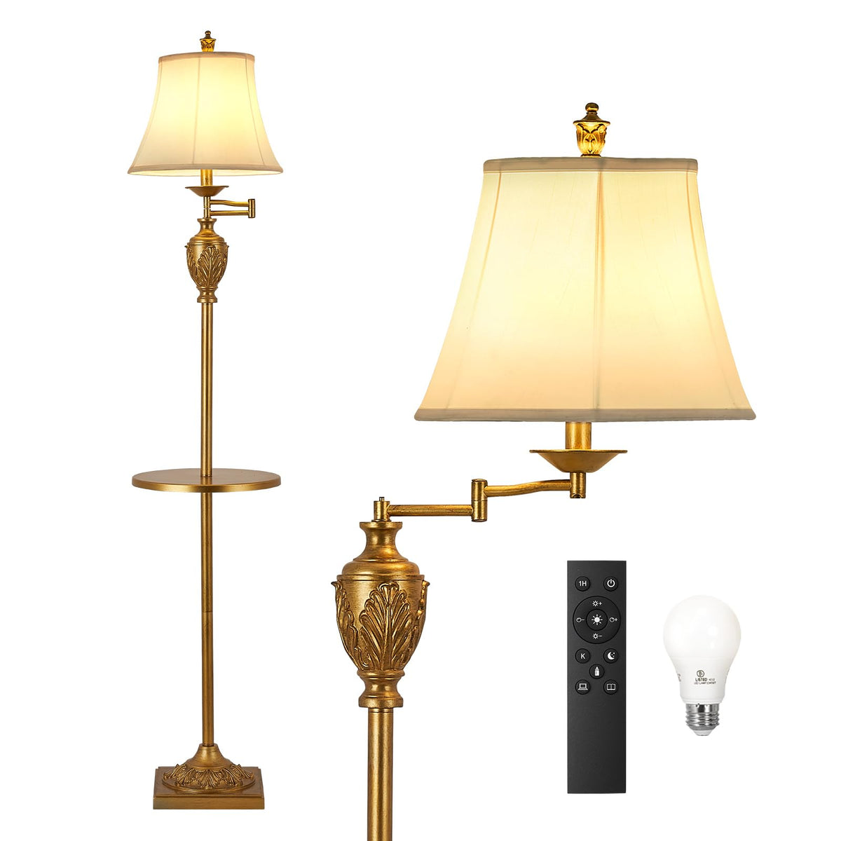Traditional LED Floor Lamp with 350° Adjustable Swing Arm Lamp – Vintage Standing Pole lamp for Living Room, Bedroom and Office – Rustic Upright Floor Light for Home Décor with Silk Fabric Shade