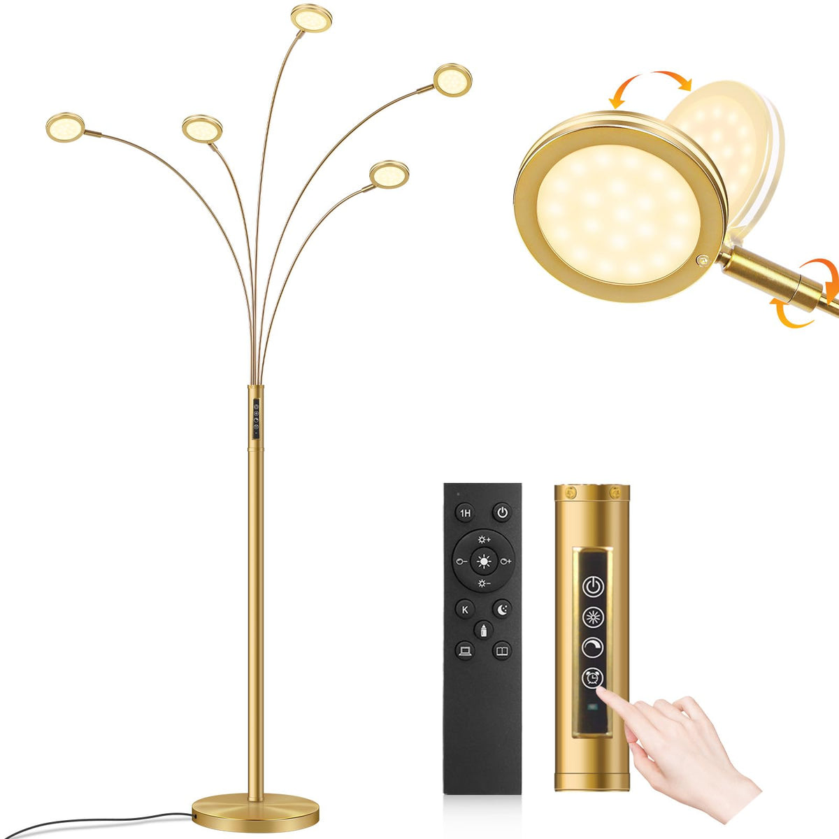 LED Arc Floor Lamp with Remote, 2250LM Dimmable Gold Floor Lamp with Timer, Adjustable Colors, Brightness & 5 Adjustable Arms, Multi-Head Tall Tree Standing Lamp for Living Room Bedroom Corner Office