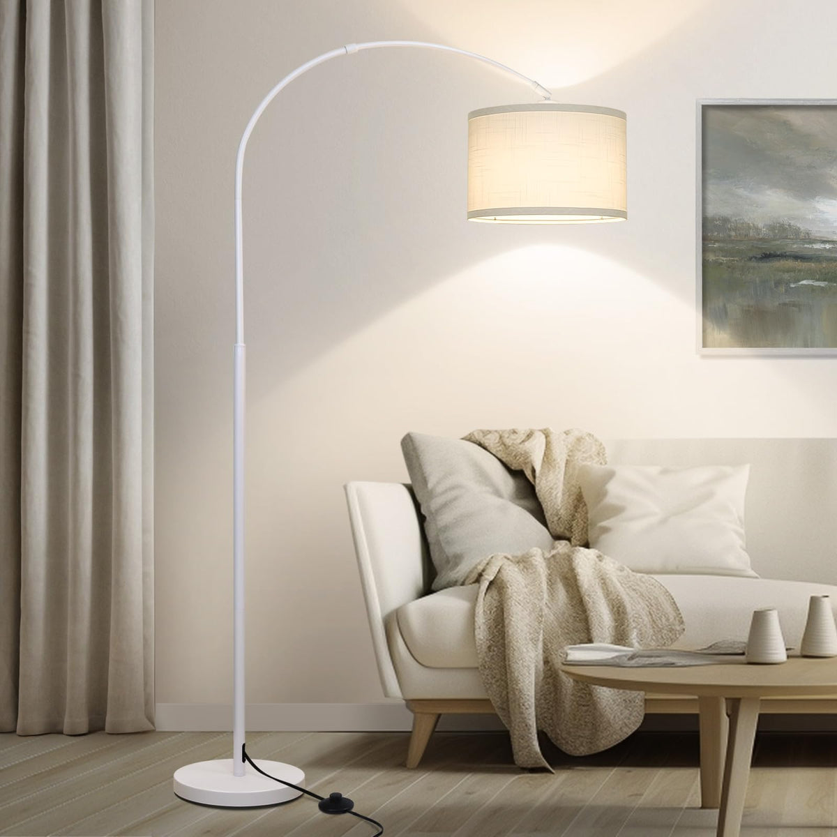 Rattan Floor Lamp, Arc Floor Lamps for Living Room, Farmhouse Standing Lamp with Adjustable Hanging Fabric Shade, Tall Pole Lamp with Foot Switch, Over Couch Arched Reading Light for Bedroom, Office