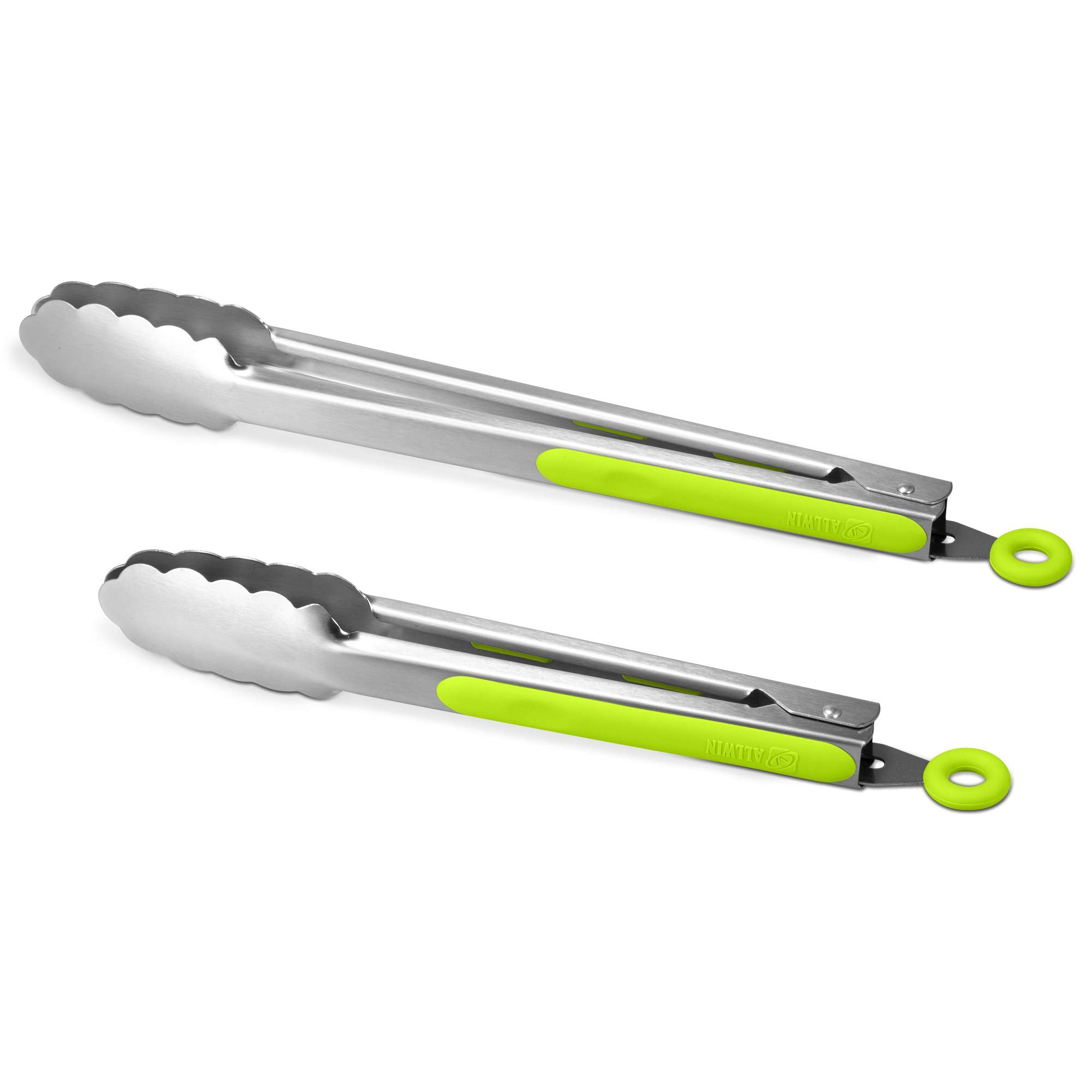 304 Stainless Steel Kitchen Cooking Tongs, 9" and 12" Set of 2 Sturdy Grilling Barbeque Brushed Locking Food Tongs with Ergonomic Grip, Black