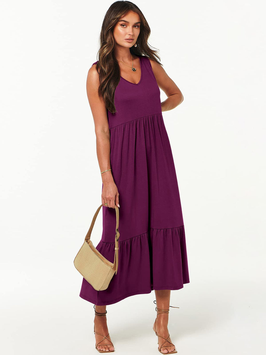 ANRABESS Women Summer Maxi Dresses A-line Tiered Flowy V Neck Sleeveless Swing 2026 Casual Beach Travel Sundress with Pockets