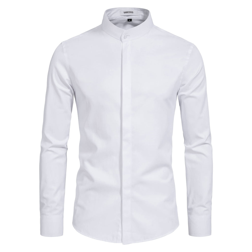 Men’s Banded Collar(Mandarin Collar) Long Sleeve Casual Solid Fancy Dress Shirts