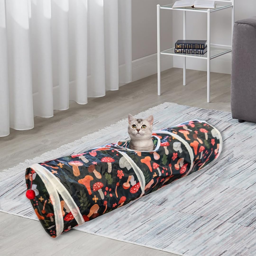 Sheldamy Cat Tunnel, 2-Way Collapsible Play Tunnel, Interactive Toy Maze for Small Animals, Suitable for Kittens, Puppies, Rabbits, Ferrets, Blue & Black