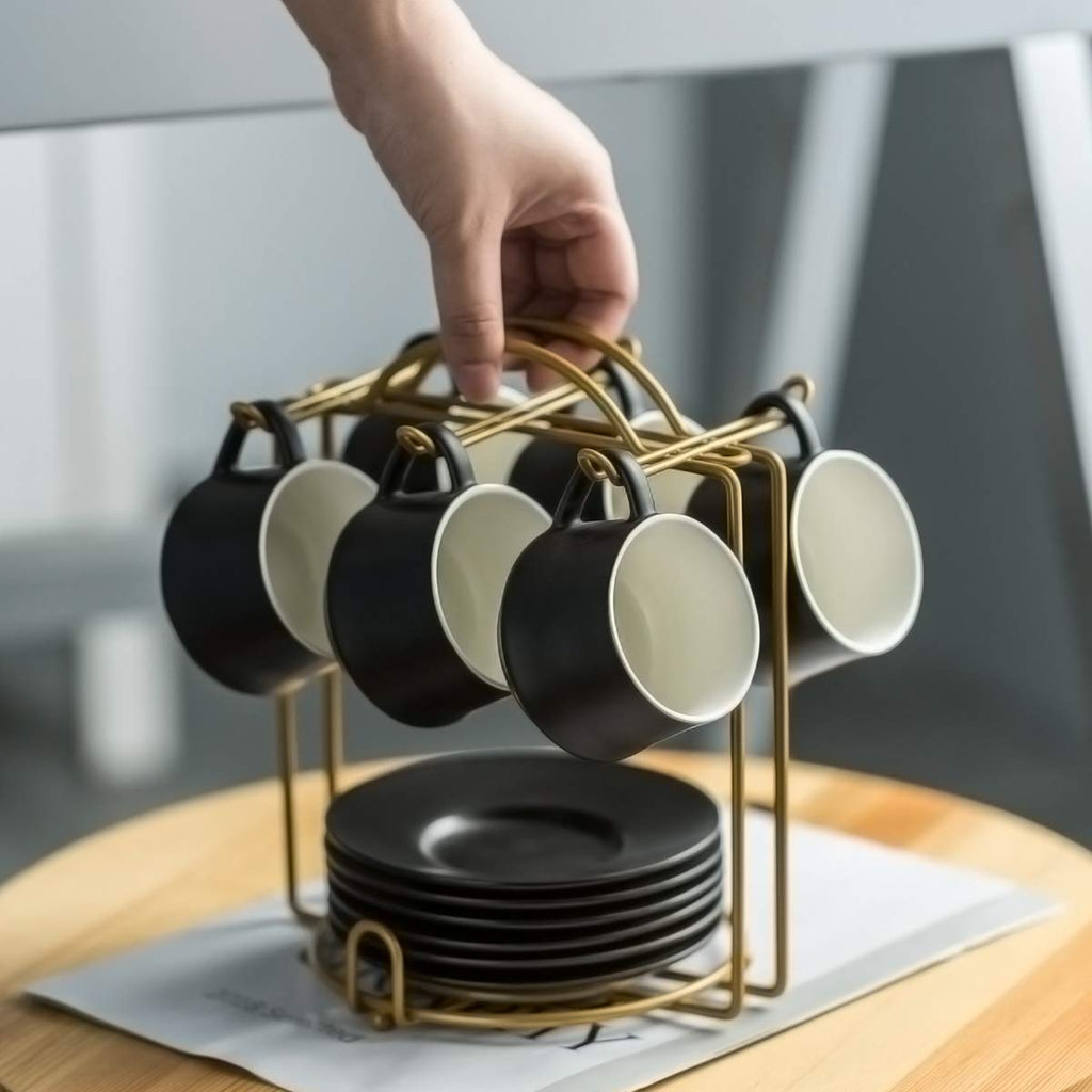 YHOSSEUN Ceramic Espresso Cups Set of 6, 4 OZ Expresso Shots Cup with Stand, Saucers & Spoons, Small Coffee Cup Demitasse Cups for Father's Day, Espresso Accessories for Machine, Black