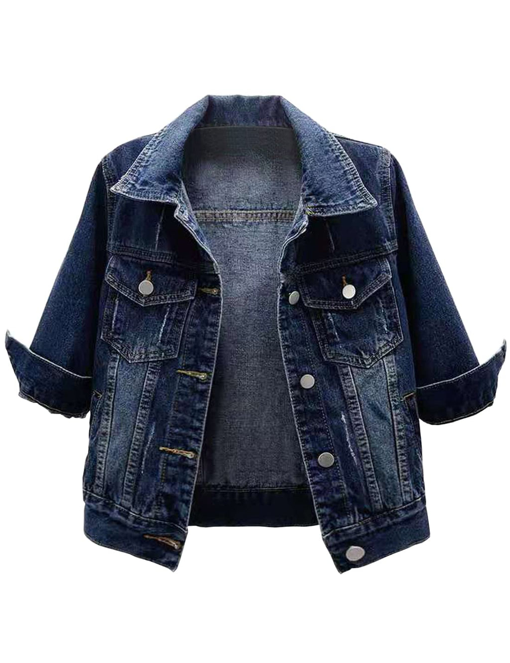 Locachy Womens 3/4 Sleeve Short Denim Jacket Lapel Button Down Cropped Trucker Jean Jackets Coats