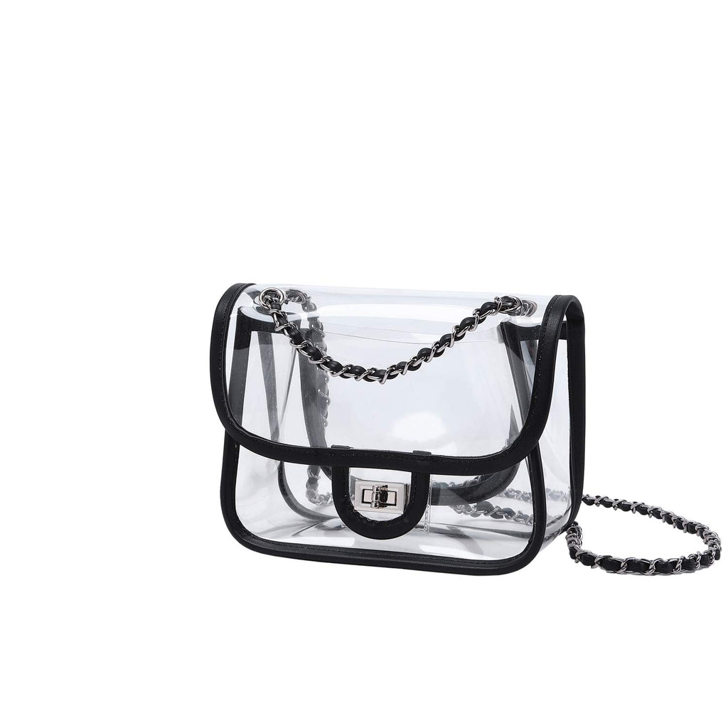 Womens PVC Clear Purse Handbag with Chain Stadium Approved Clear Bag See Through Bag for Working and Concert