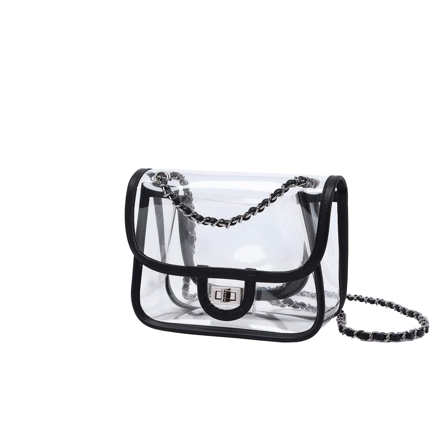 Womens PVC Clear Purse Handbag with Chain Stadium Approved Clear Bag See Through Bag for Working and Concert