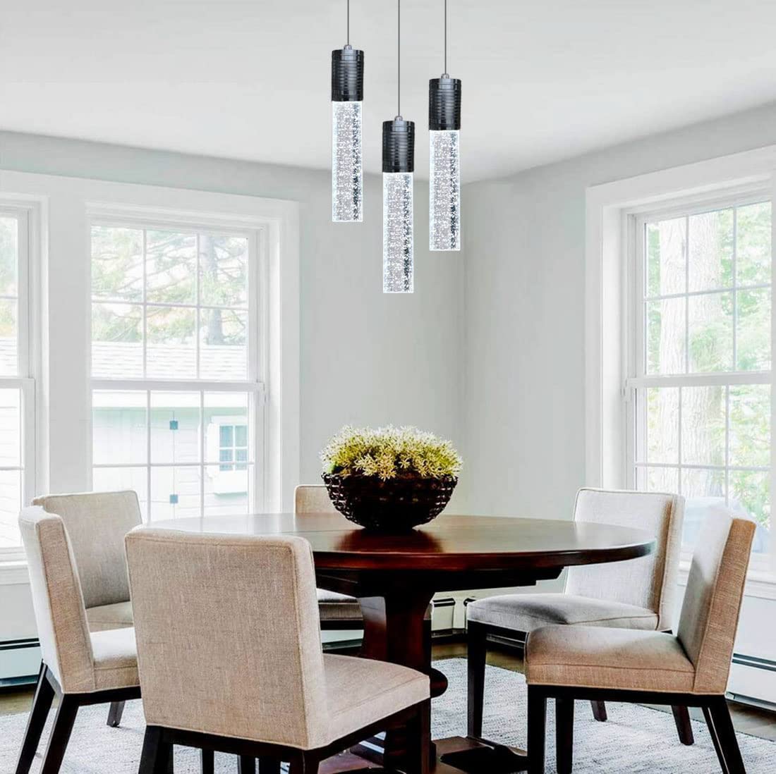 HAIXIANG Modern Kitchen Island Hanging Light Fixtures Crytstal Pendant Lighting for Kitchen Island Chrome Mini Chandelier with 6000K Daylight Bulb