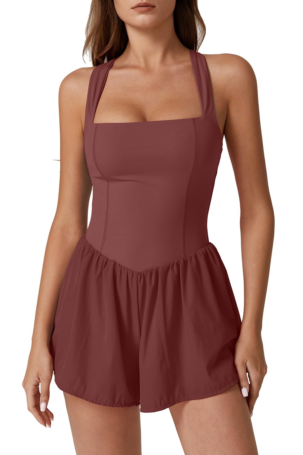 QINSEN Women's Square Neck Sleeveless Romper Jumpsuit Casual Summer One Piece Outfit with Pocket