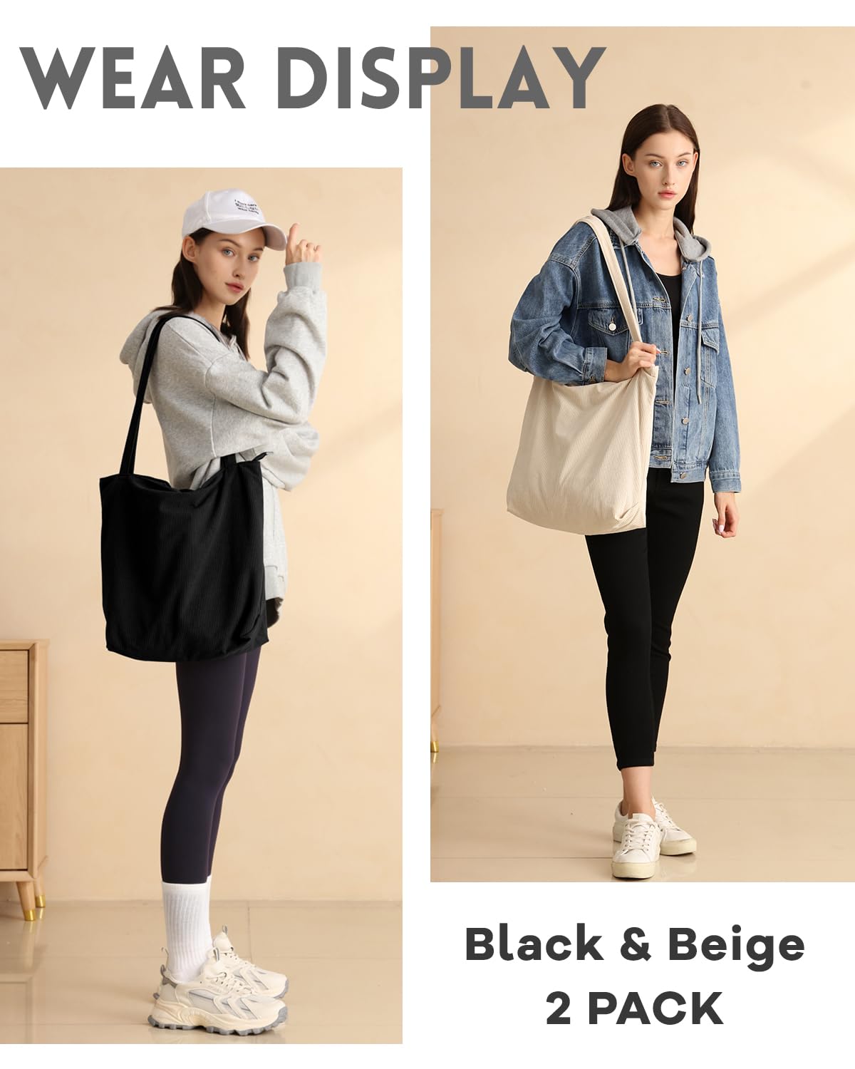 Iioscre Corduroy Tote Bag for Women,Hobo HandBags with Zipper,Large Capacity Casual Shoulder Handbags with Inner Pockets