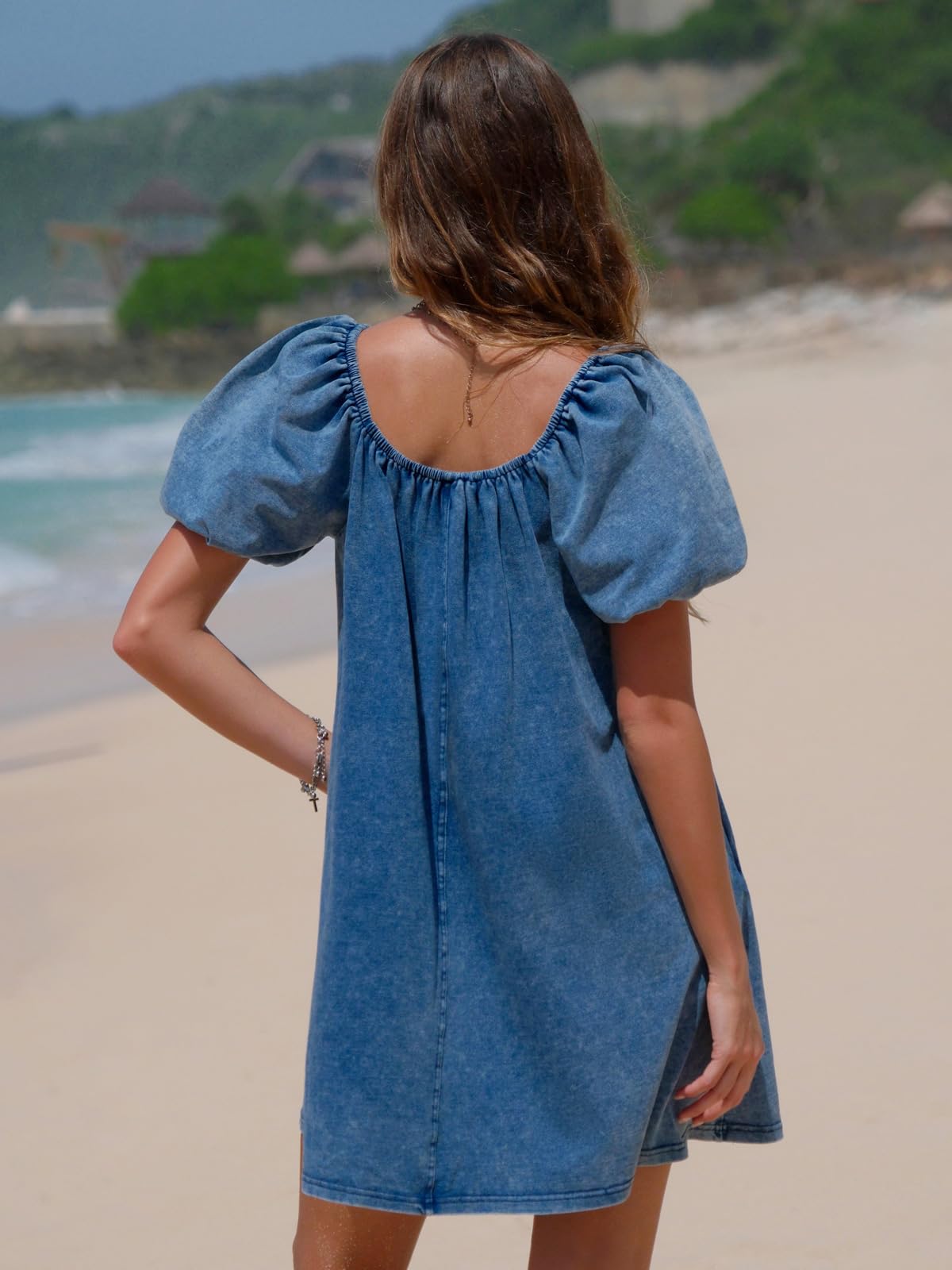 EXLURA Womens Summer Denim Short Puff Sleeve Dresses Knit Loose Plus Size Short Mini Dress 2026 Trendy Spring Outfits
