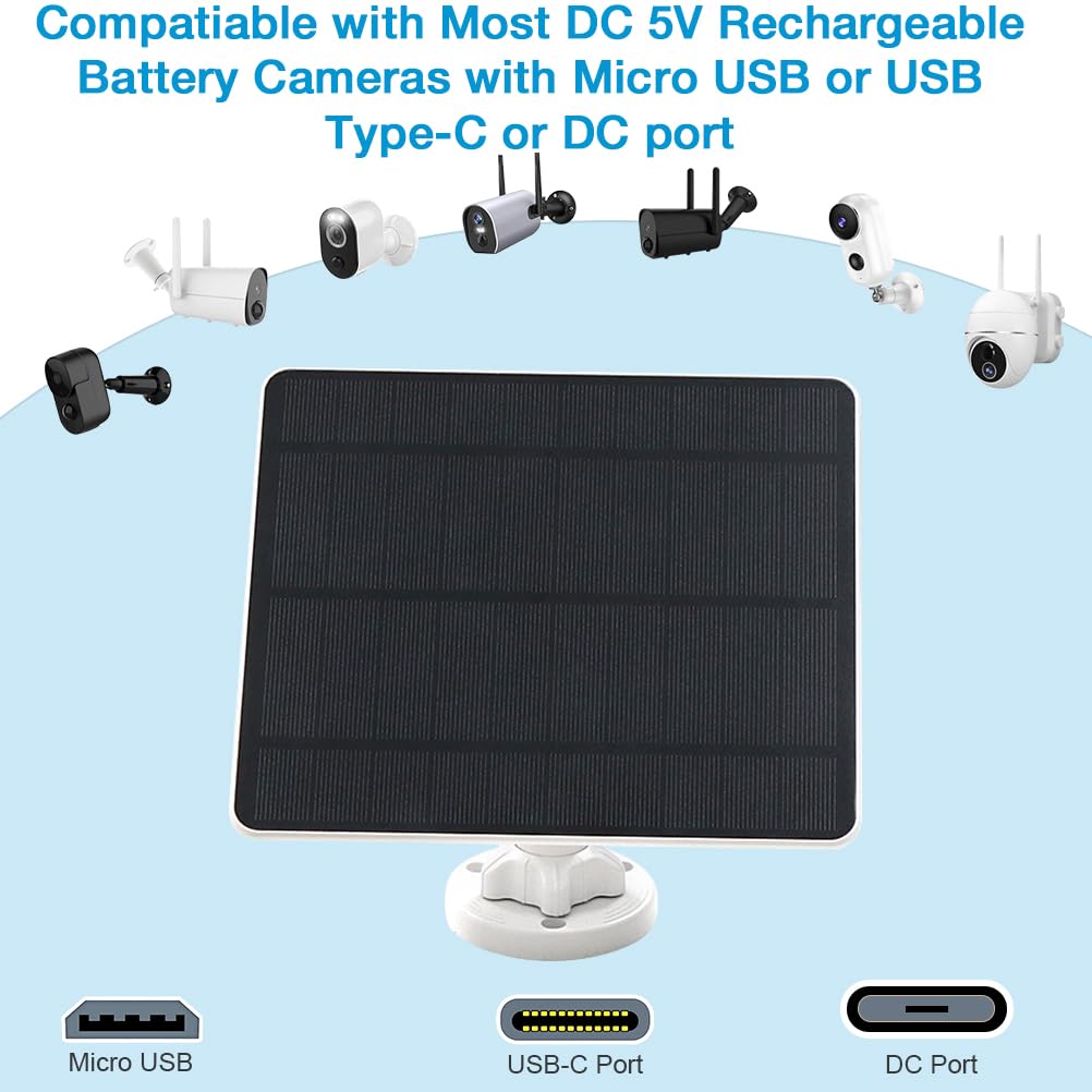 Solar Panel for Security Camera,5W USB Solar Panel for Cameras DC 5V,Camera Solar Panel Charger Micro USB & USB-C & DC,IP65 Waterproof USB Solar Panel Charger for Camera with 360°Adjustable Mounting