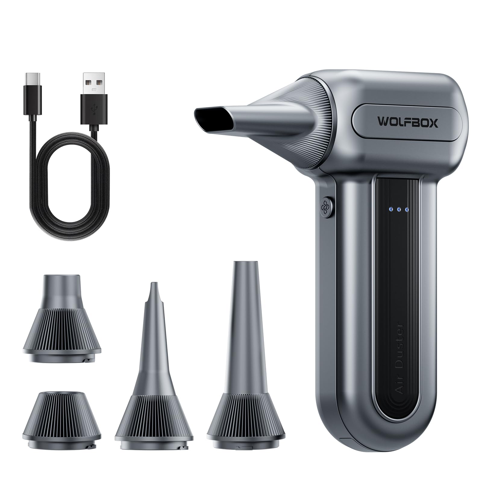 WOLFBOX MF60&MF70 Compressed Air Duster-110000RPM Super Power Electric Air Duster, 3-Speed Adjustable Rechargeable Cordless Air Blower with Fast Charging for PC Keyboard Cleaning, Car, Home (Black)
