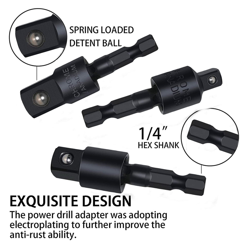 CIGOTU Impact Grade Power Hand Tools Driver Sockets Adapter Extension Set, 3Pcs 1/4 3/8 1/2" Hex Shank Drill Nut Driver Bit Set + 105 Degree Right Angle Driver Extension Screwdriver Drill Attachment