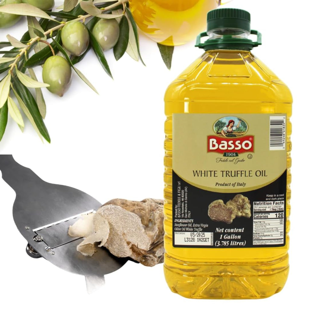 BASSO 1904 - White Truffle Oil, Bulk, 1 Gallon (3.785 liters) | White Truffle Infused with Olive Oil and Sunflower Oil, For Salads, Meats and Pastas, Non-GMO, Product of Italy