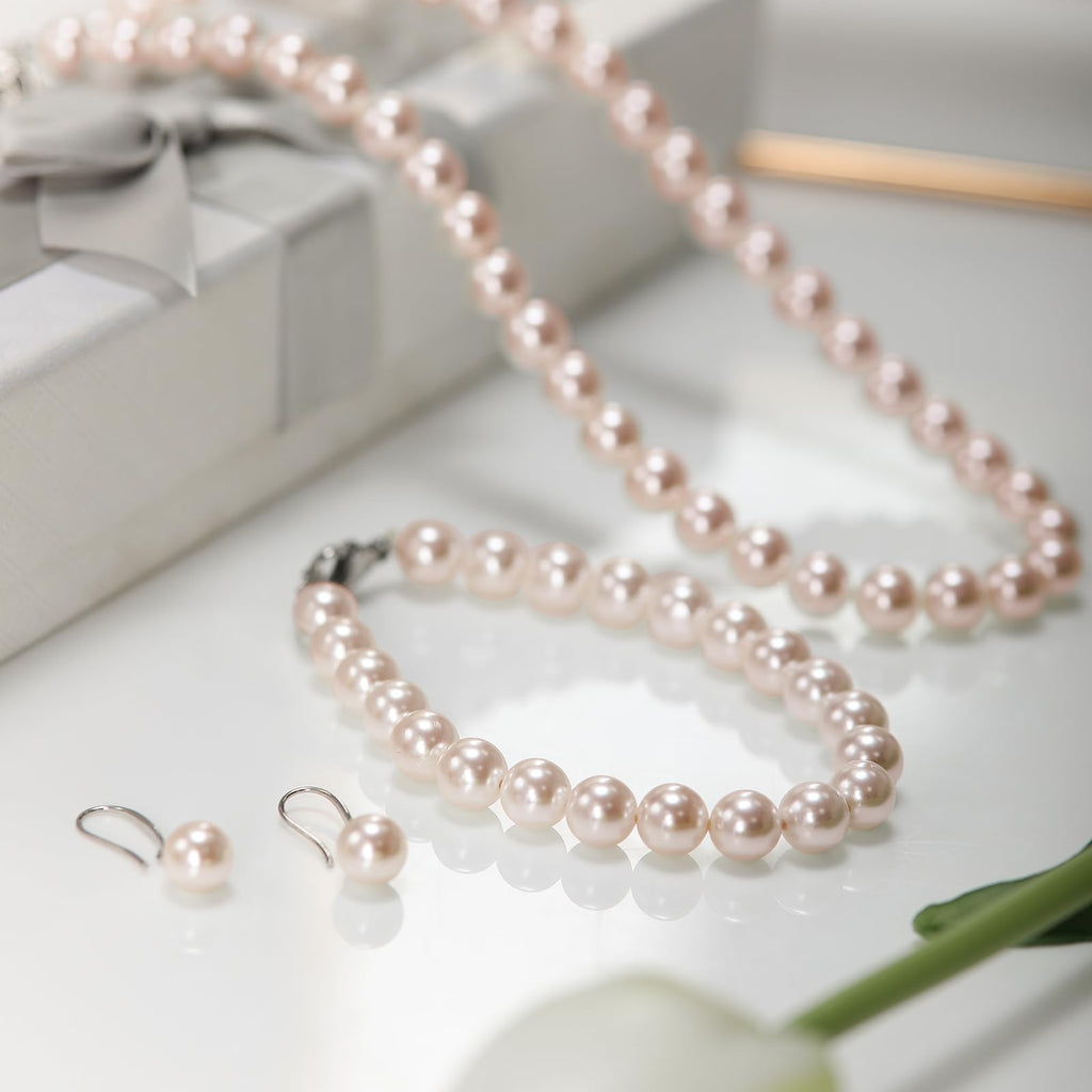 AOOVOO Pearl Necklace Set for Women, 8mm Round Shell Pearl Includes Stunning Bracelet and Dangle Earrings 3 Piece Jewelry, Birthday Christmas Gift for Mom Wife Sister Best Friend, Gift Box