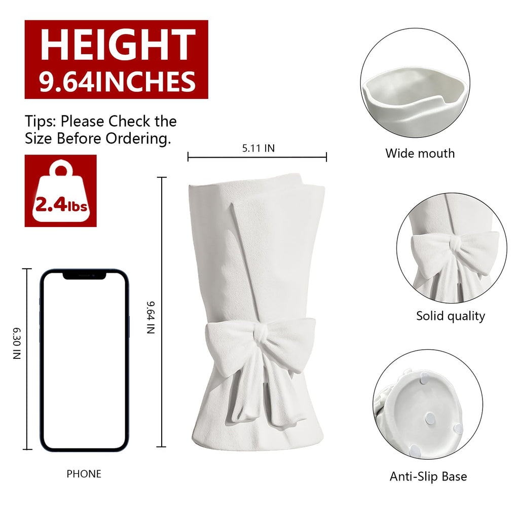 Relexome Beige Ceramic Bow Vase 9.64 in Unique Cute Modern Decorative Bouquet Flower Vases for Home Living Room Table Decor Women Girl Gifts
