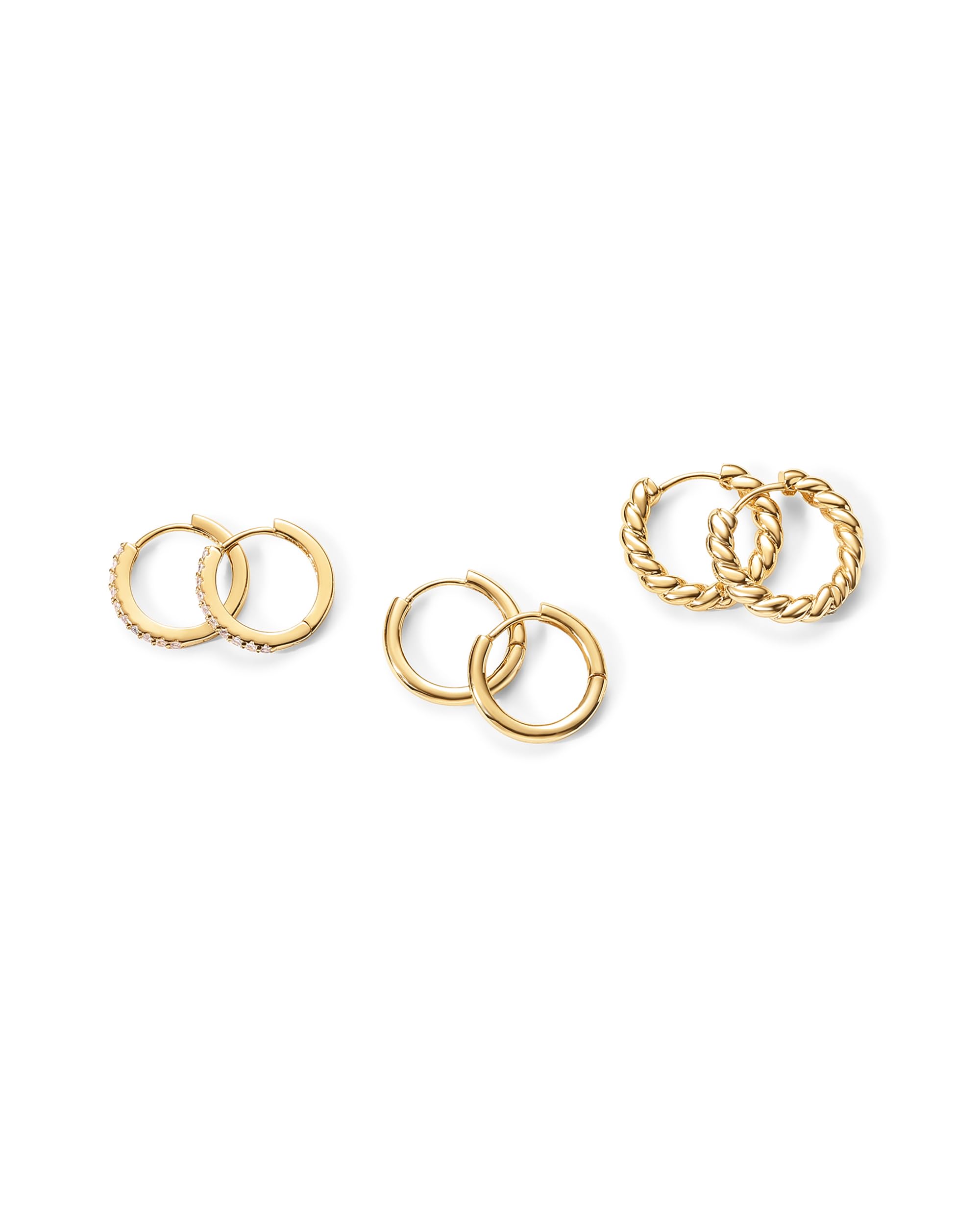 PAVOI Gold Hoop Earrings for Women - 14K-18K Yellow Gold Plated 925 Sterling Silver - Hypoallergenic 3-Pair Small Hoop Earings Set with Cubic Zirconia - Rope Teardrop & Chunky Huggie Styles Earscape Piercings