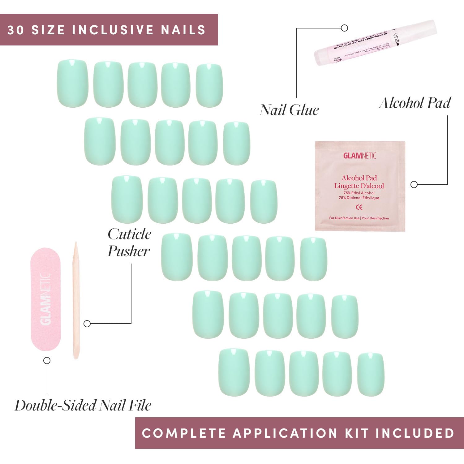 Glamnetic Press On Nails - Cashmere Blue | Opaque Soft Pale Sky Blue Short Squoval Fake Nails, Salon Quality | 15 Sizes - 30 Nail Kit