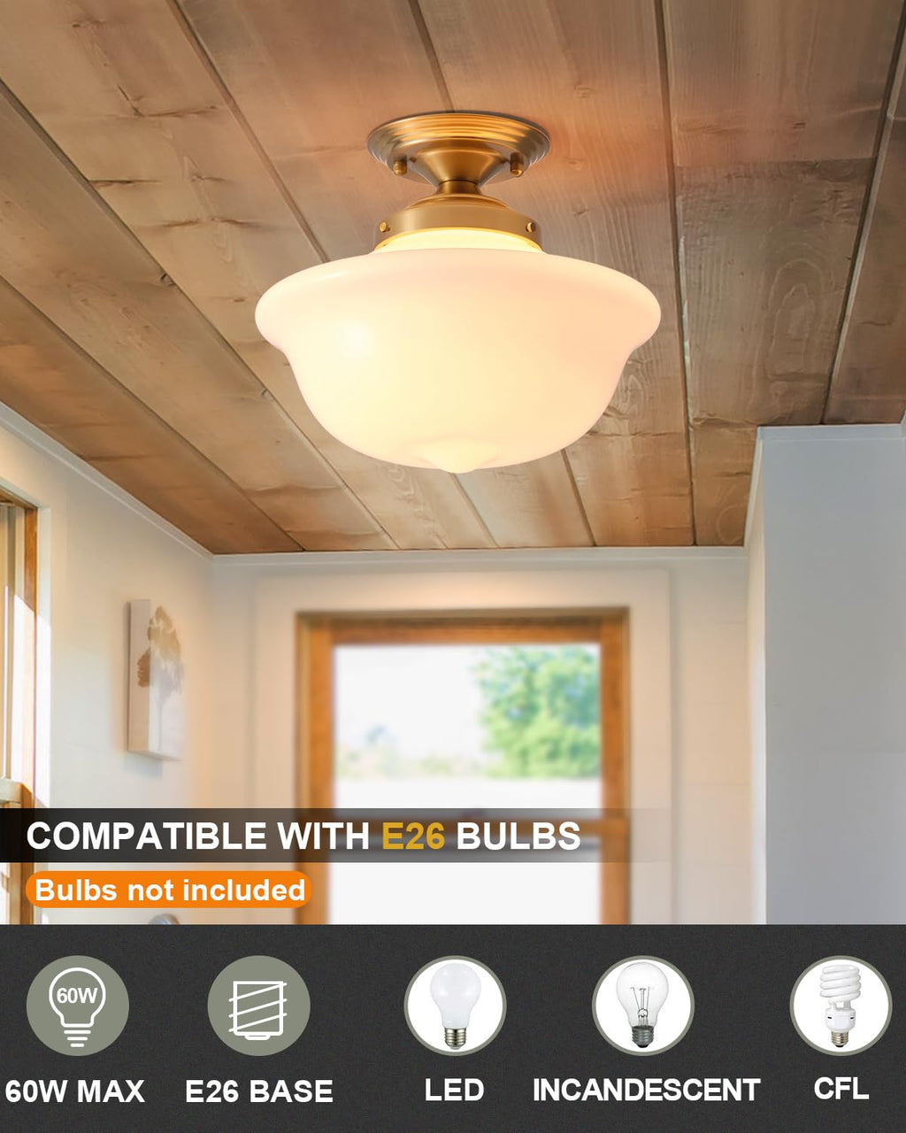 Schoolhouse Light Fixture, 12 Inch Black Finish with Milk Glass Semi Flush Mount Ceiling Light, Ceiling Light Fixture for Kitchen Hallway Entryway (Type C Pendant Light)