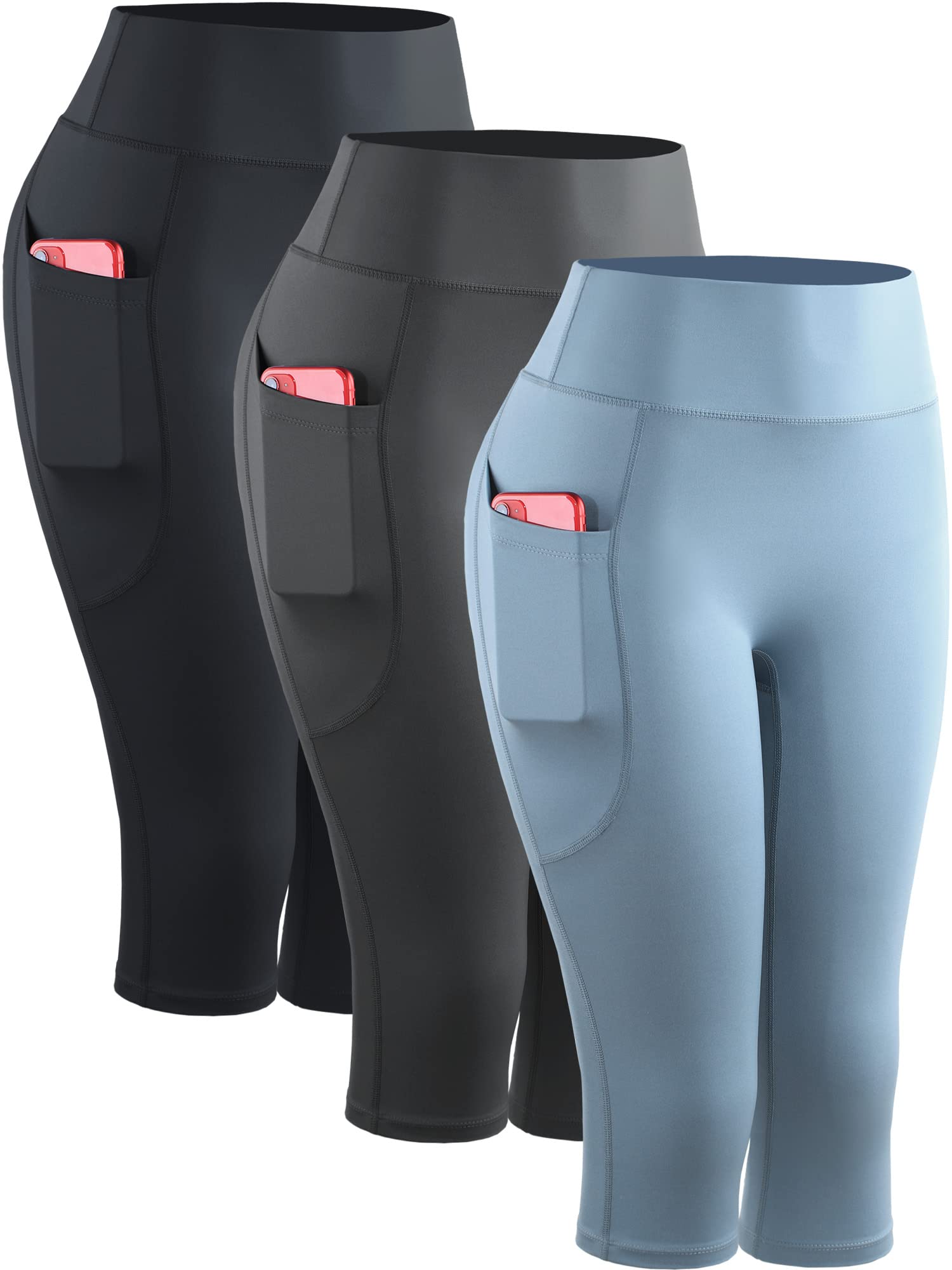 CADMUS Womens High Waist Workout Legging Capris for Yoga w Side Pockets