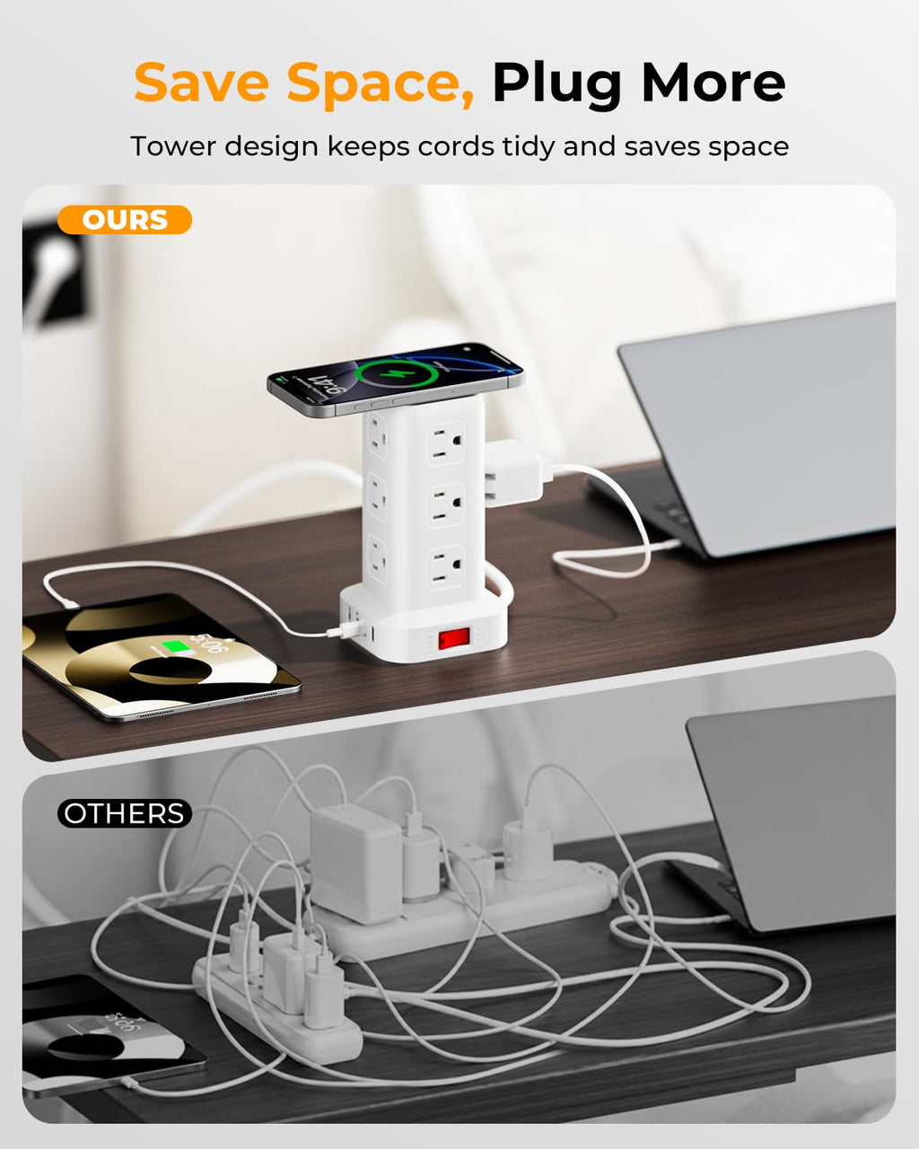 Tower Surge Protector Power Strip with 12 Outlets 4 USB (1 USB C), 6.5Feet Extension Cord with Multiple Outlets, Charging Station, Power Strip Tower, Office Desk Supplies