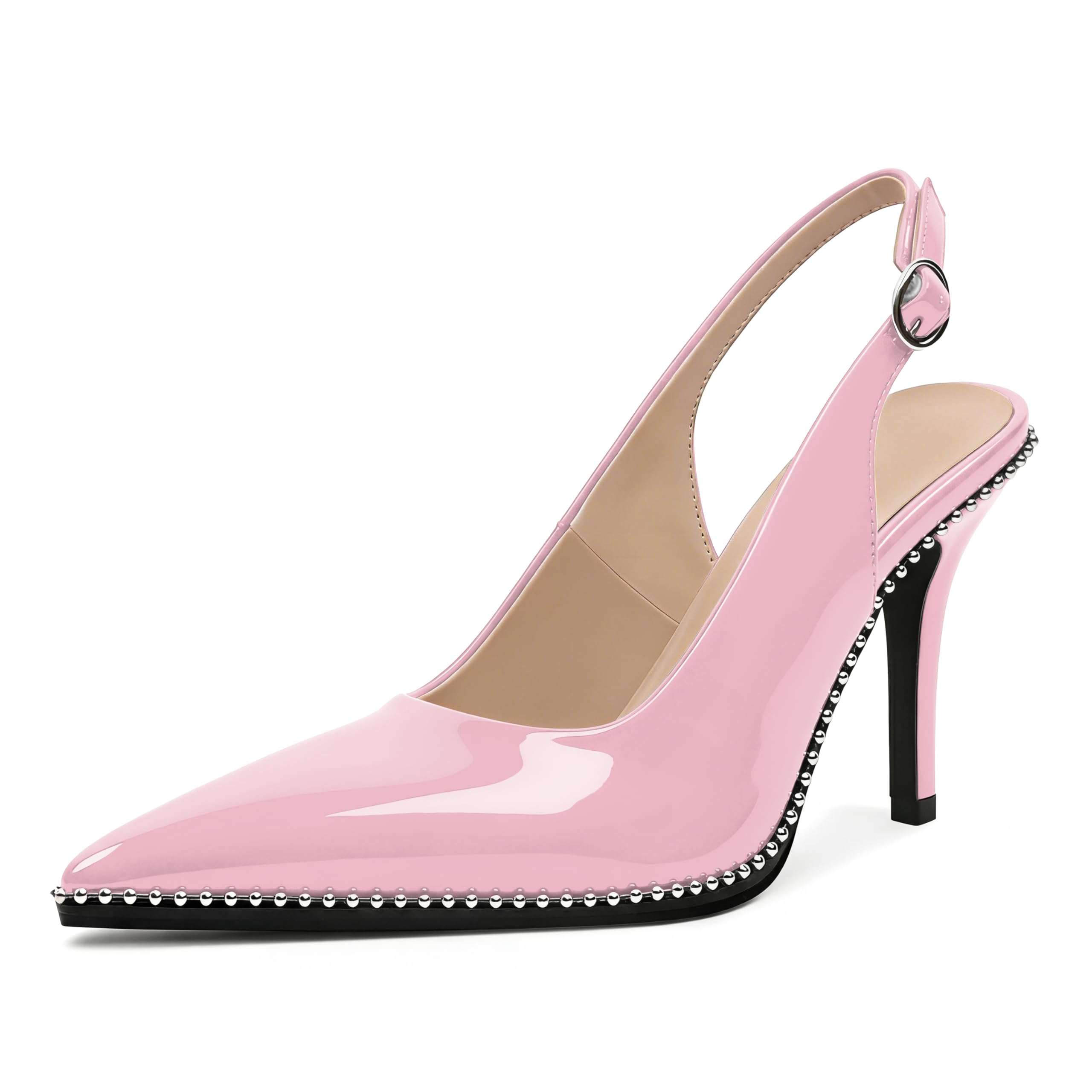 Zamikoo Women Beaded Pumps High Heel Slingback Pointed Toe Slip On 3.5 Inch Stilettos Ankle Strap Adjustable Buckle Patent Leather US Size 5 -Size 13