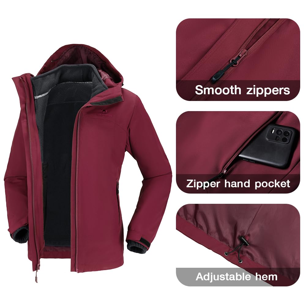 CAMEL CROWN Women's Ski Jacket Waterproof 3 in 1 Winter Coat with Fleece Inner Warm Windproof For Snow Outdoor Hiking