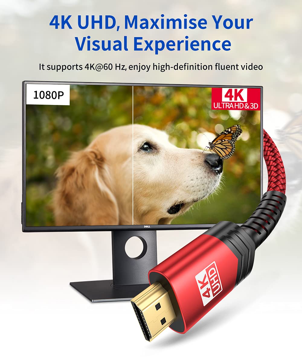 JSAUX 4K Long HDMI Cable 2 Pack 15ft, 18Gbps High Speed HDMI 2.0 Braided Cord, 4K 60Hz HDR, 2K 1440P 144Hz, 1080p, HDCP 2.2, 3D, ARC, Ethernet Compatible with Monitor Smart TV PC PS5 PS4 Blu-ray -Red