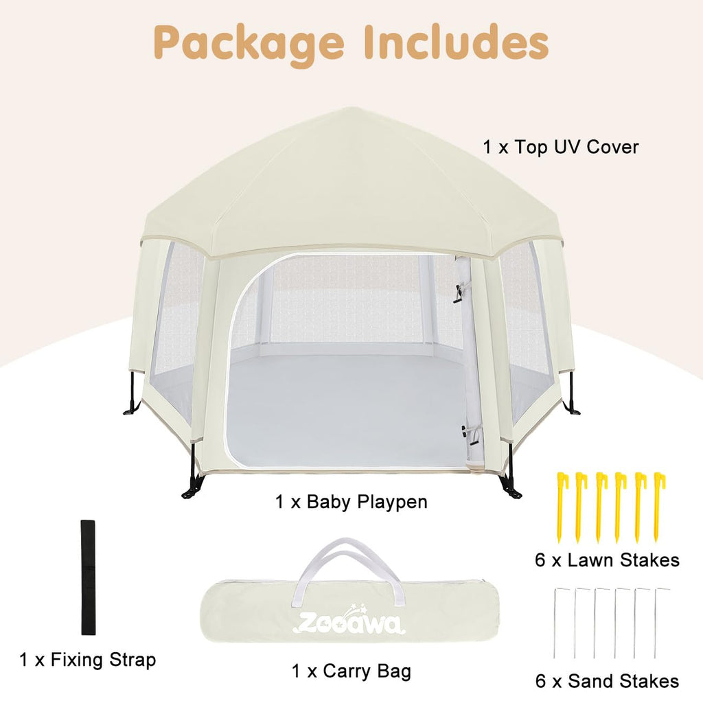 Pop Up Playpen for Baby, Portable Playpen for Babies and Toddlers with Removable Sun-Shades& 2 Side UV Covers, Lightweight Outdoor Baby Play-Pen for Beach Home with Travel Bag, Beige