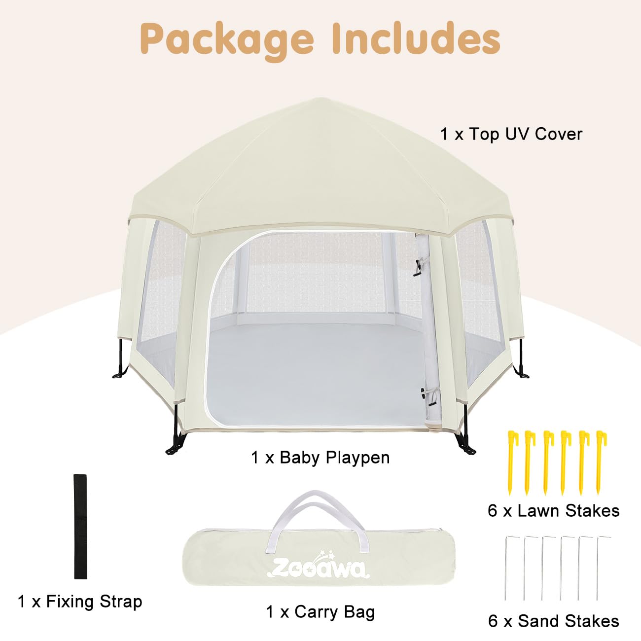 Pop Up Playpen for Baby, Portable Playpen for Babies and Toddlers with Removable Sun-Shades& 2 Side UV Covers, Lightweight Outdoor Baby Play-Pen for Beach Home with Travel Bag, Beige
