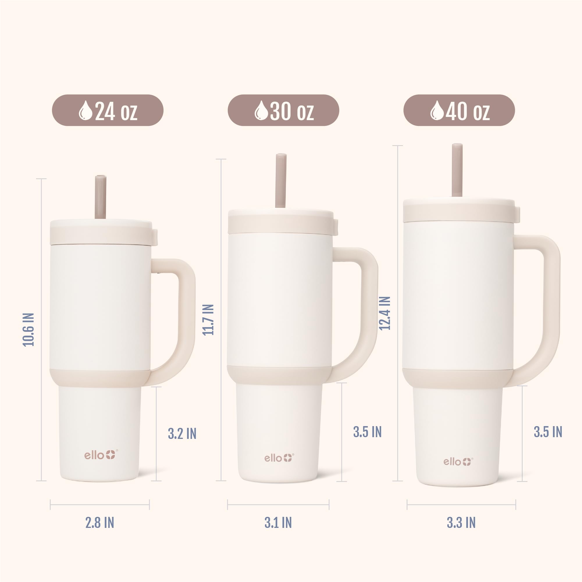 Ello Oasis 24 oz Tumbler with Handle & Retracting Straw | Reusable Insulated Stainless Steel Cup 100% Leakproof, Gifts for Teens Women Men | Keeps cold for 24 Hours, Cup Holder Friendly, Cream Tonal